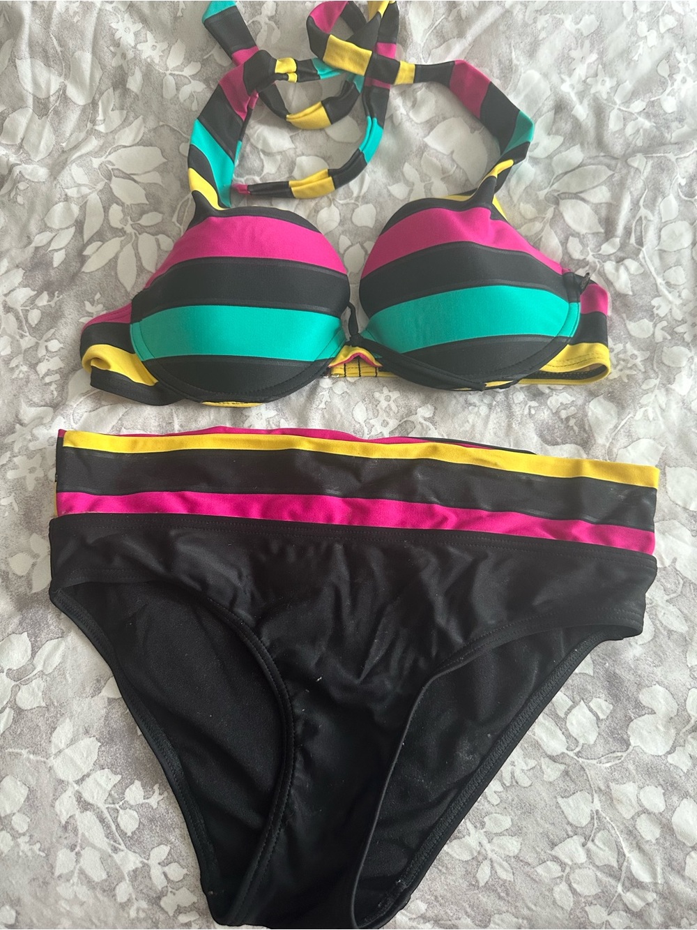 La Vie En Rose Black Bikini with Teal, Pink & Yellow Stripes